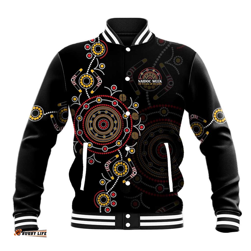 NAIDOC Deadly 50 Years Baseball Jacket Aboriginal Black Gold Boomerang Art LT9