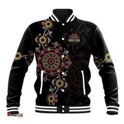 NAIDOC Deadly 50 Years Baseball Jacket Aboriginal Black Gold Boomerang Art LT9