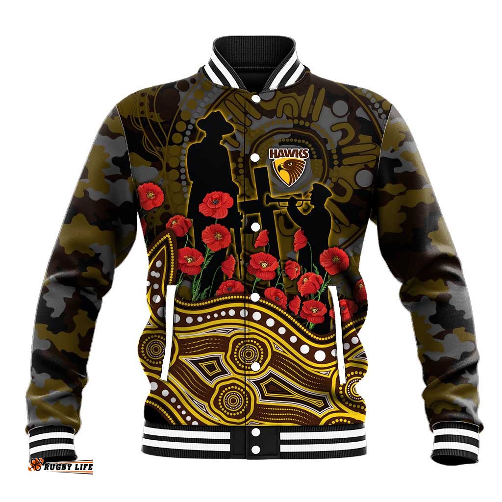 Hawthorn Hawks ANZAC Day Baseball Jacket Indigenous Dot Art with Poppy Flower Tribute TS04