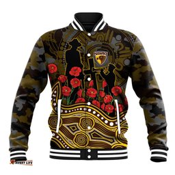 Hawthorn Hawks ANZAC Day Baseball Jacket Indigenous Dot Art with Poppy Flower Tribute TS04