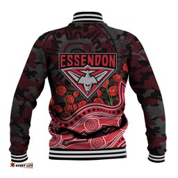 Essendon Bombers ANZAC Day Baseball Jacket Indigenous Dot Art with Poppy Flower Tribute TS04