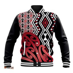 New Zealand Baseball Jacket Aotearoa Kowhaiwhai Mix Taniko Art - Red LT14