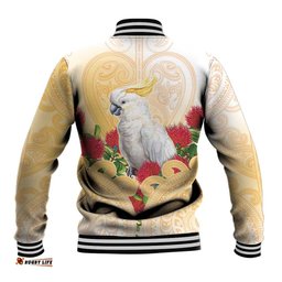 New Zealand Aotearoa Cockatoo Baseball Jacket Maori Pattern With Pohutukawa Flowers LT05