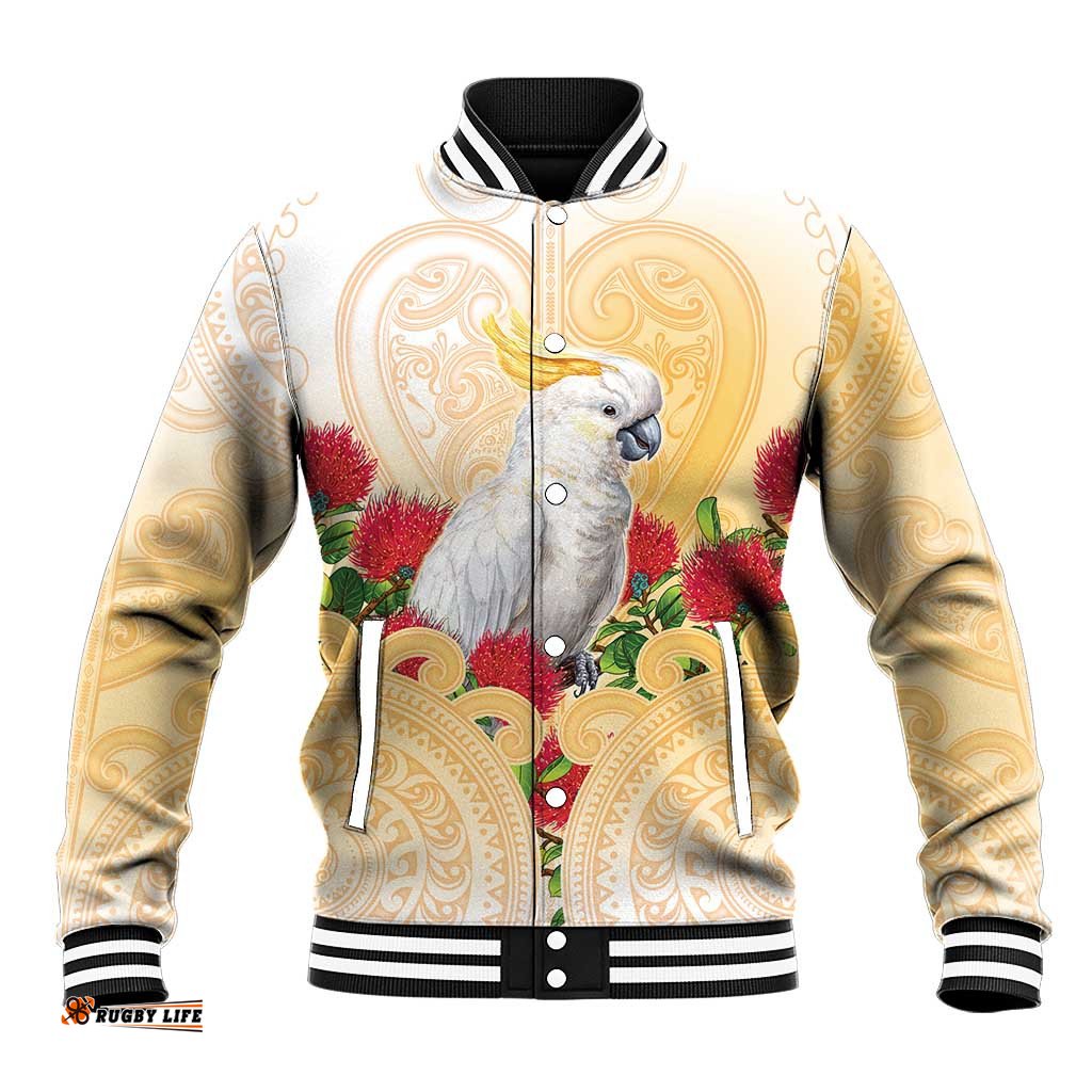 New Zealand Aotearoa Cockatoo Baseball Jacket Maori Pattern With Pohutukawa Flowers LT05