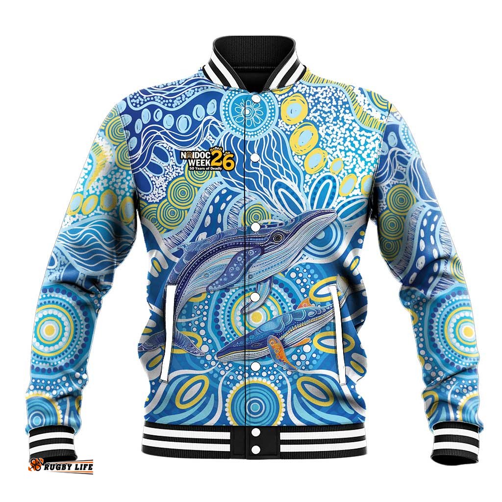 NAIDOC Week 2026 Baseball Jacket Dreaming of Whales Aboriginal Dot Art LT9