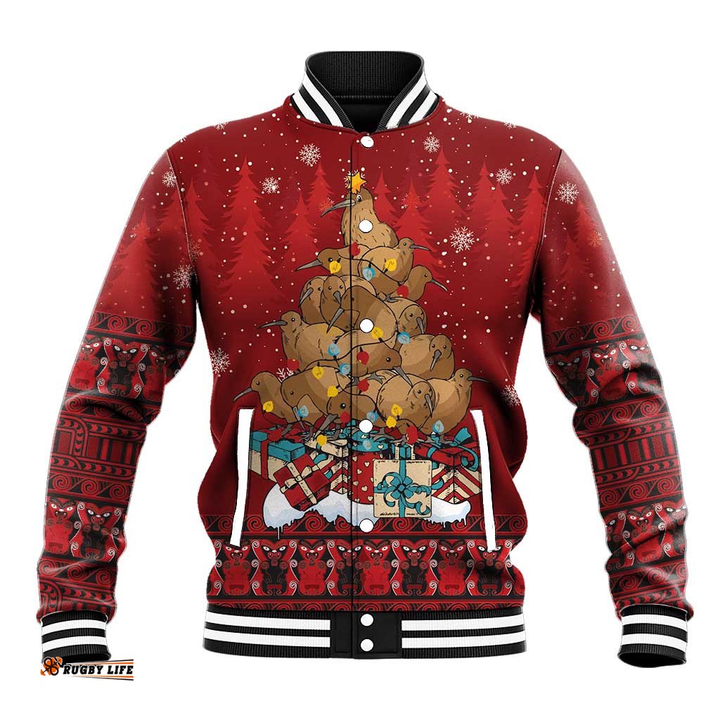 Funny Kiwi Bird Xmas Tree Baseball Jacket New Zealand Tribal Christmas Spirit LT9