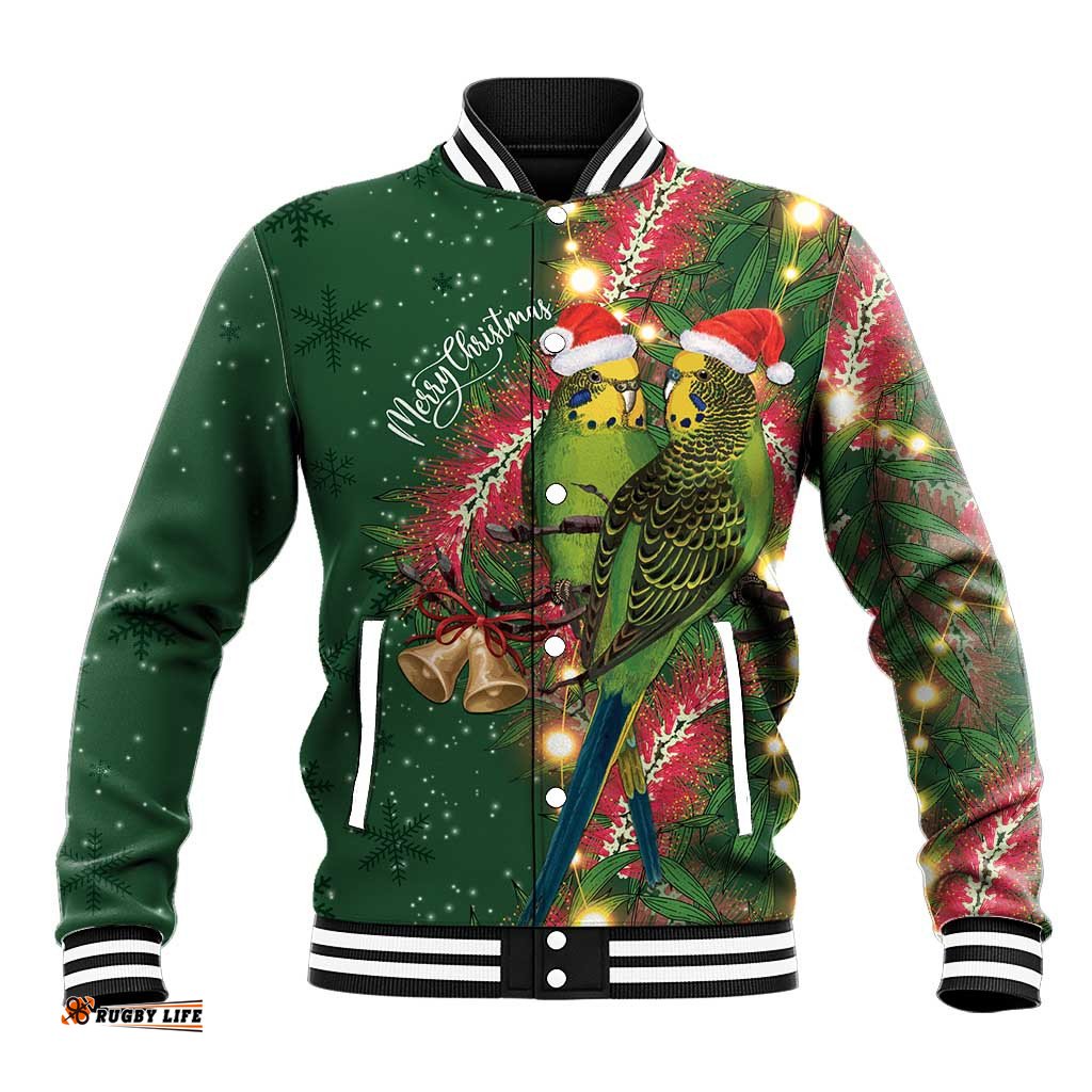 Green Budgerigars on Callistemon Baseball Jacket Merry Christmas Aussie LT7