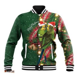 Green Budgerigars on Callistemon Baseball Jacket Merry Christmas Aussie LT7