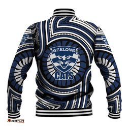 Geelong Cats Baseball Jacket Indigenous Monochrome Dot Art Mascot Style TS04