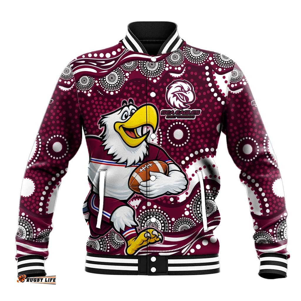 Manly Warringah Sea Eagles Baseball Jacket Aboriginal Dot Pattern - Rugby Mascot Heritage Pride TS04