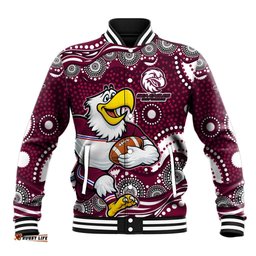 Manly Warringah Sea Eagles Baseball Jacket Aboriginal Dot Pattern - Rugby Mascot Heritage Pride TS04