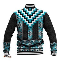 Turquoise Taniko Pattern Aotearoa Baseball Jacket Niho Taniwha Mix Poutama LT14