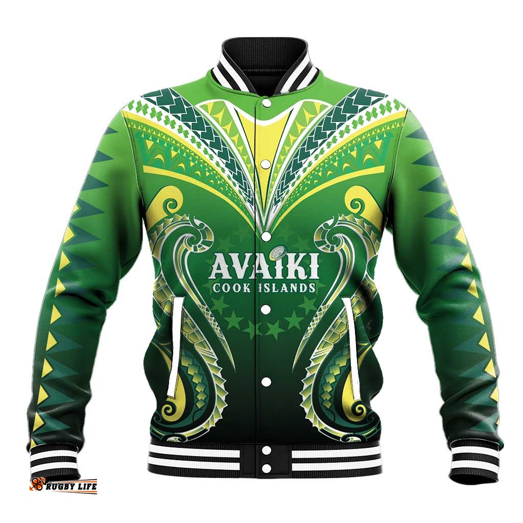 Custom Rugby Cook Islands Avaiki Baseball Jacket Green Kuki Airani Tribal Maori Inspired LT9