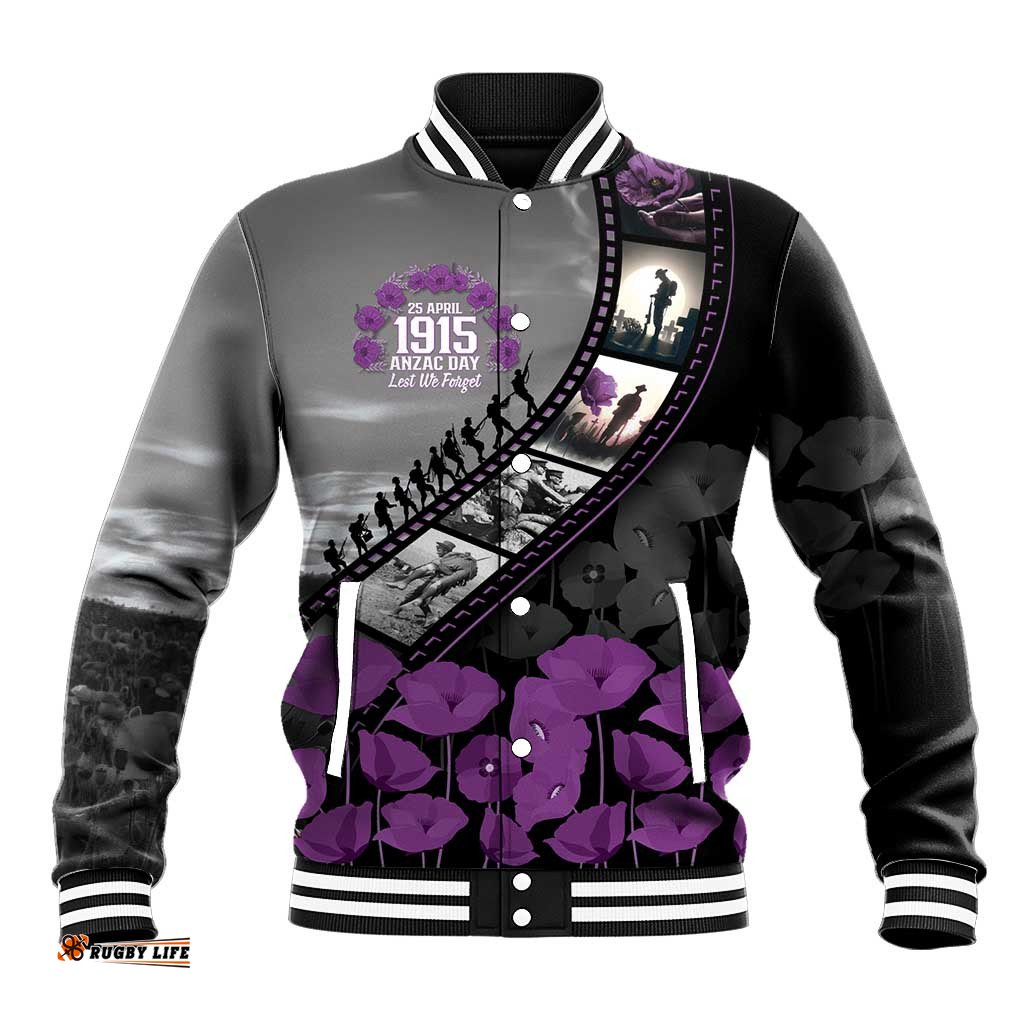 Personalised Remembering ANZAC Lest We Forget Baseball Jacket Vintage Film Frame Memorial Purple Poppy LT9