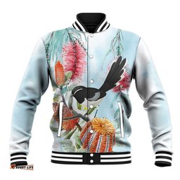 Willie wagtail Australia Baseball Jacket Banksia Bottlebrushes Watercolor Stylized LT14