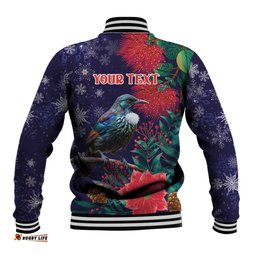 Tui Meri Kirihimete Personalised Baseball Jacket Pohutukawa Flowers Blue Motif LT9