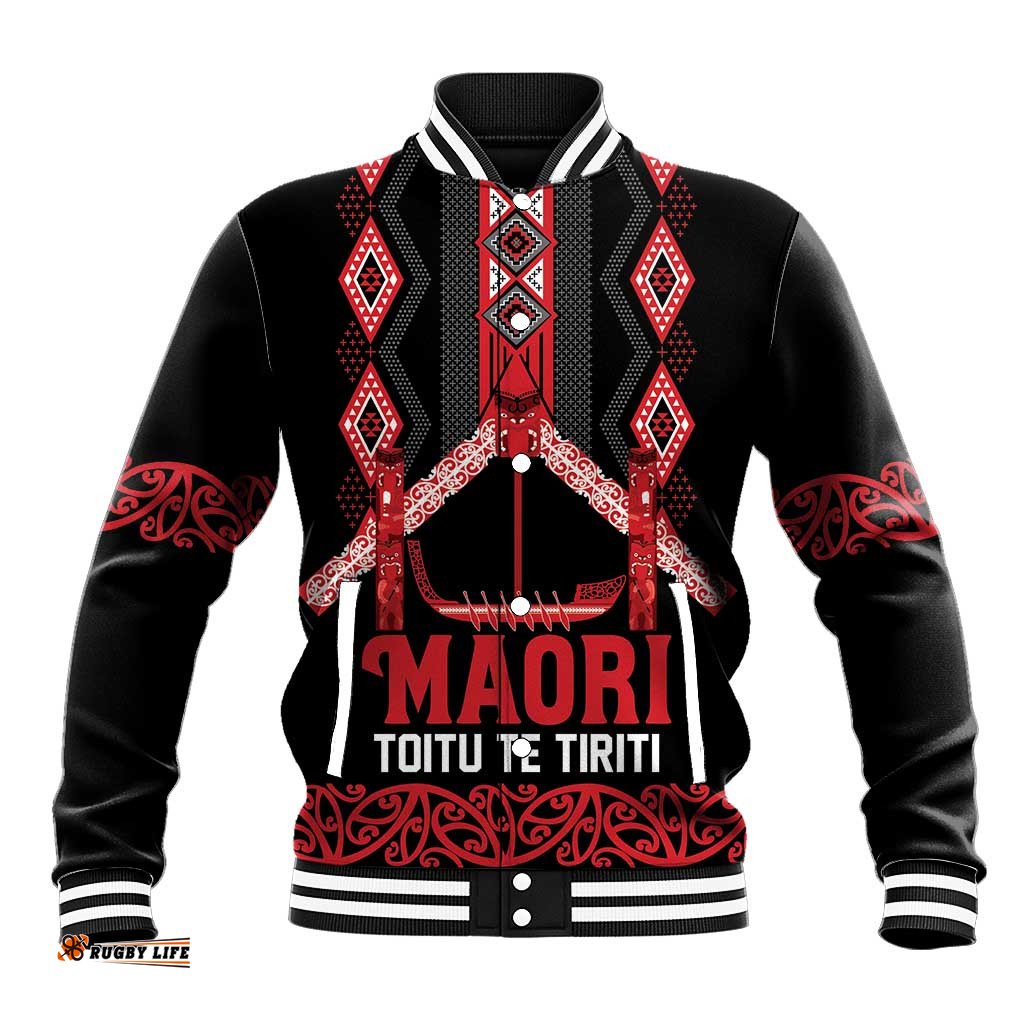 Toitu Te Tiriti Waitangi Baseball Jacket Black Wharenui House LT9