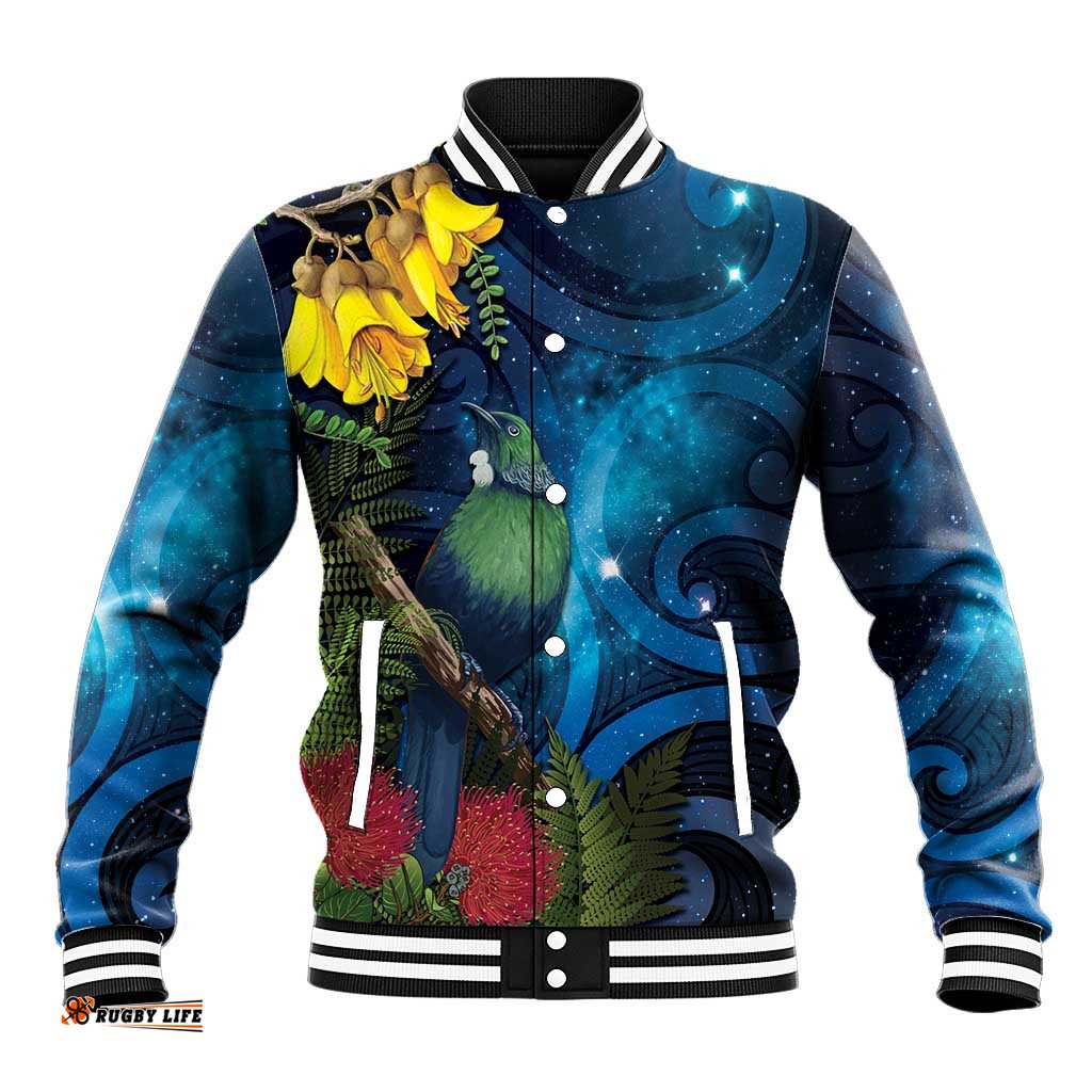 Tui Bird New Zealand Starry Sky Baseball Jacket Maori Koru LT7
