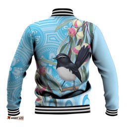 Willie wagtail Australia Baseball Jacket Eucalyptus Blossoms Aboriginal Art LT14