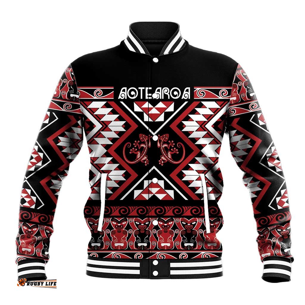 Personalised Aotearoa Waitangi Baseball Jacket Taniko Motifs - Mania Gecko LT7
