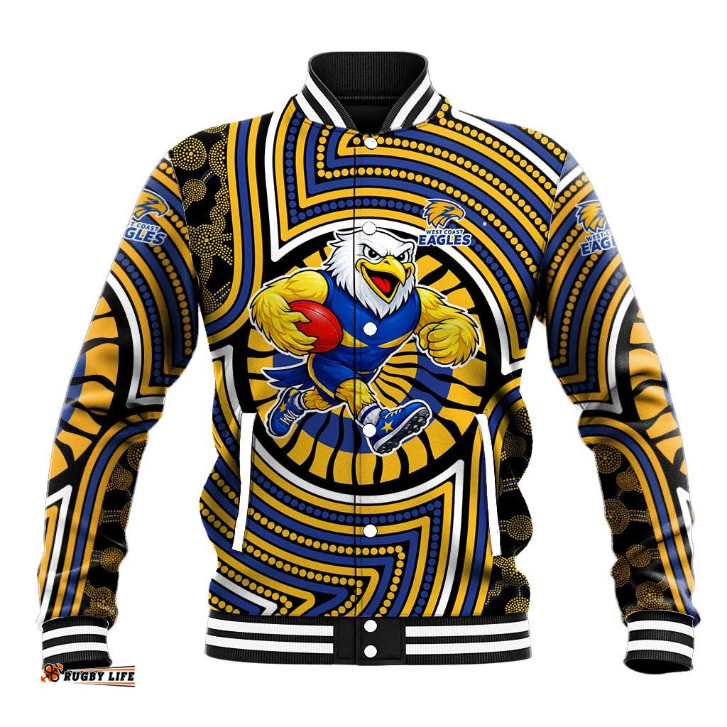 West Coast Eagles Baseball Jacket Indigenous Monochrome Dot Art Mascot Style TS04