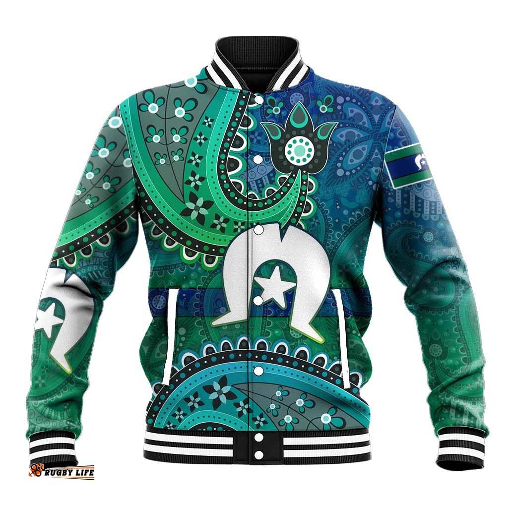 Torres Strait Islands Baseball Jacket Dhari Emblem Vibrant Teal Indigenous TS04