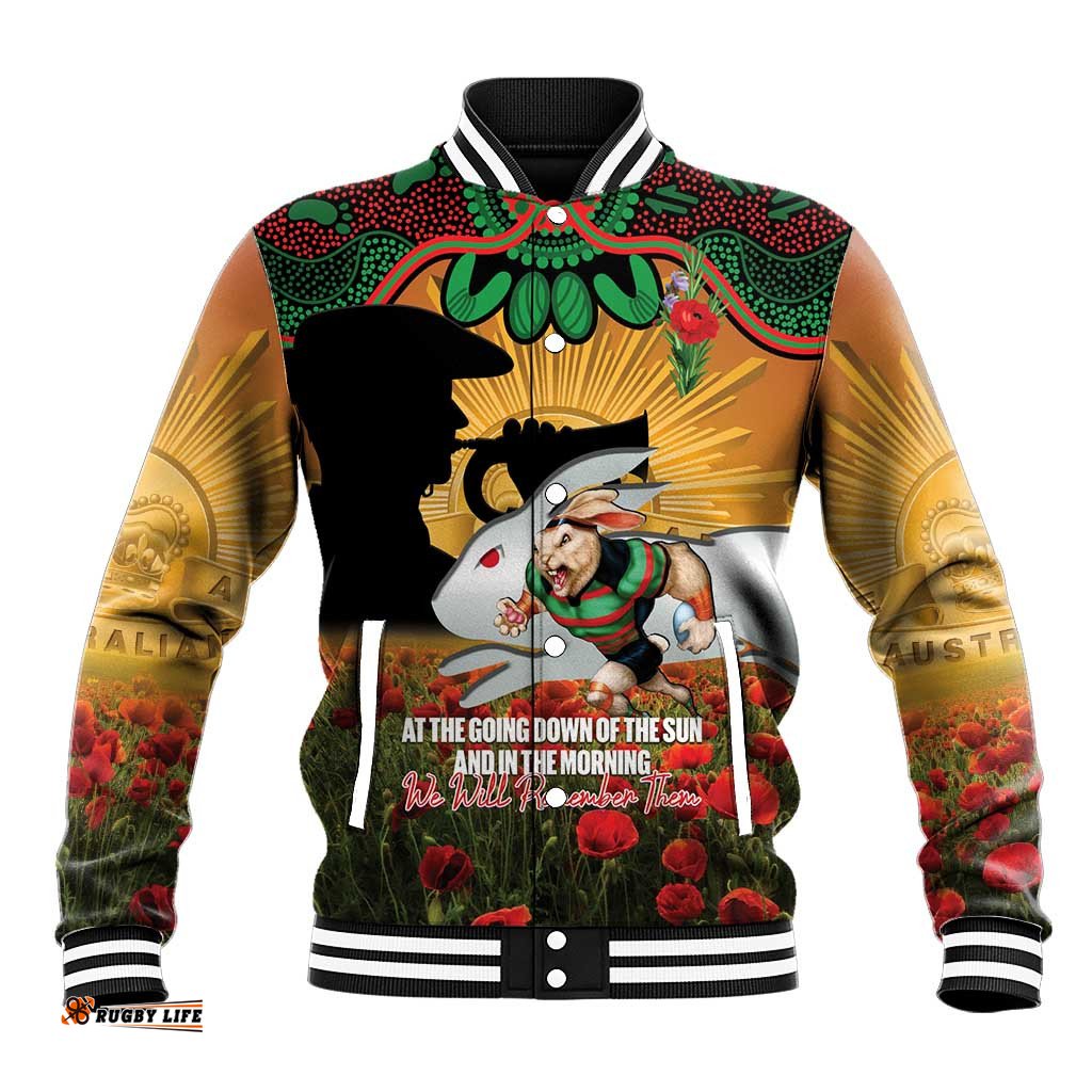 Personalised Rabbitohs Rugby ANZAC Day Baseball Jacket Last Post Poppy We Will Remember Them LT14