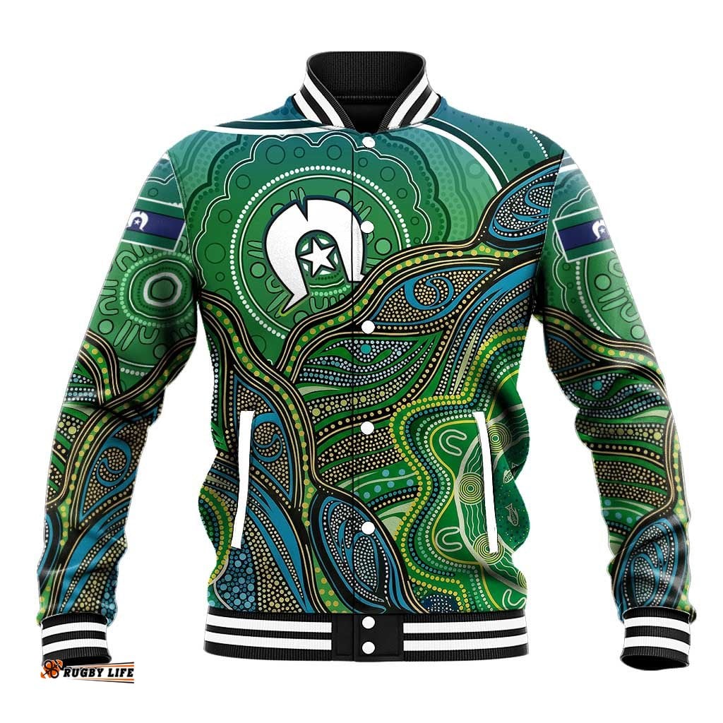 Torres Strait Islands Baseball Jacket Indigenous Ocean Wave Dot Green Color TS04