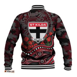 St Kilda Saints ANZAC Day Baseball Jacket Indigenous Dot Art with Poppy Flower Tribute TS04
