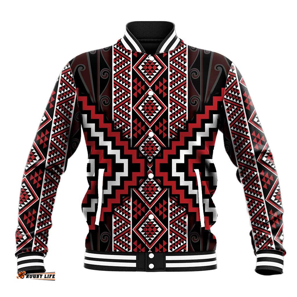 Red Tukutuku Pattern Aotearoa Baseball Jacket Niho Taniwha and Puhoro Motifs LT7