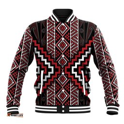 Red Tukutuku Pattern Aotearoa Baseball Jacket Niho Taniwha and Puhoro Motifs LT7