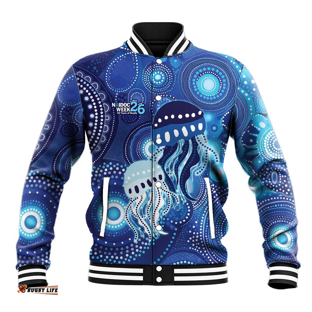 NAIDOC Deadly 50 Years Baseball Jacket Jellyfish Aboriginal Culture Inspired Blue LT9