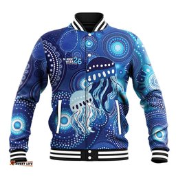 NAIDOC Deadly 50 Years Baseball Jacket Jellyfish Aboriginal Culture Inspired Blue LT9