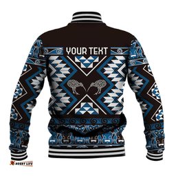 Personalised Taniko Motifs Aotearoa Baseball Jacket Waitangi Kowhaiwhai Kiwi - Blue LT7