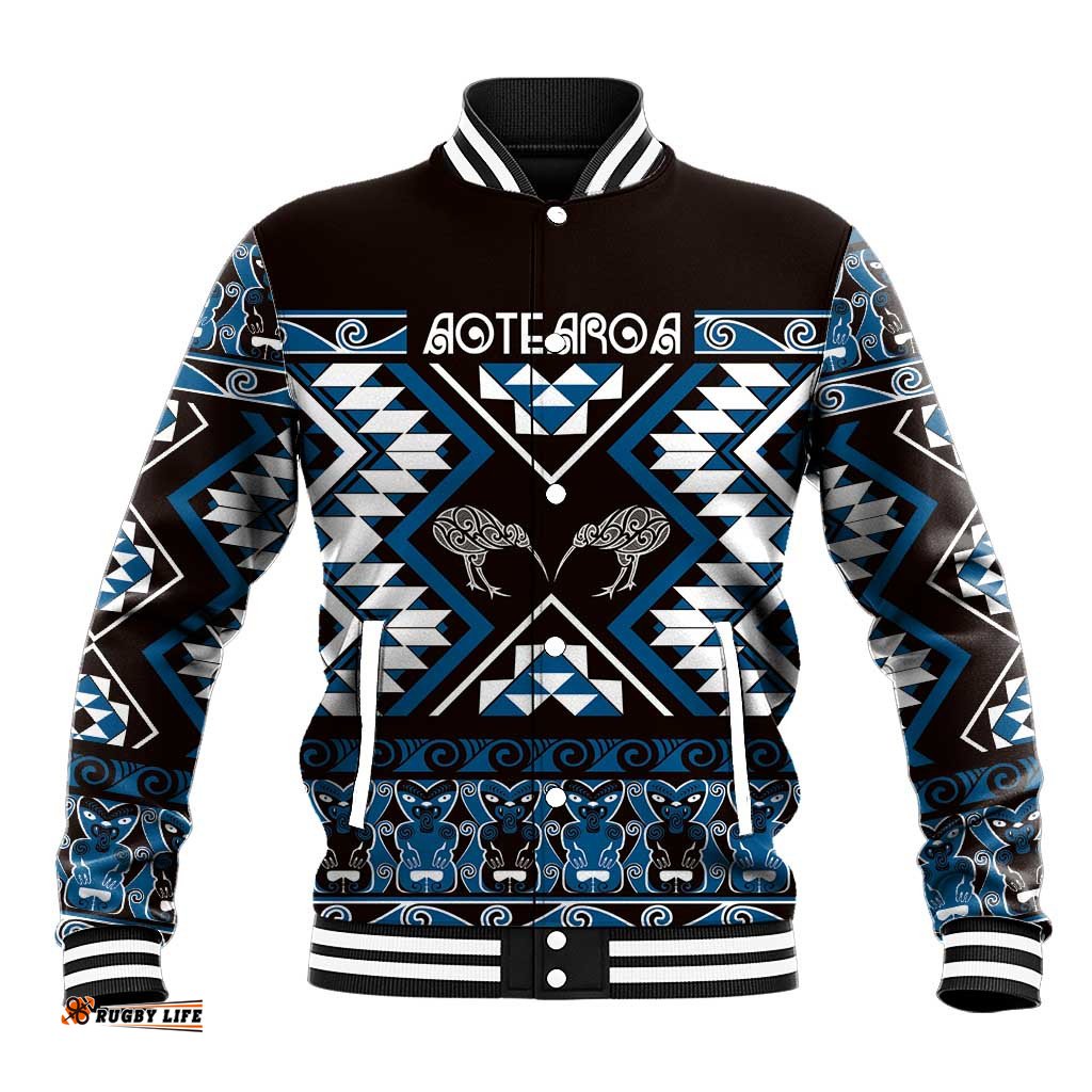 Personalised Taniko Motifs Aotearoa Baseball Jacket Waitangi Kowhaiwhai Kiwi - Blue LT7