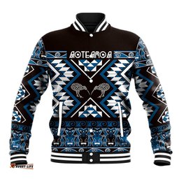 Personalised Taniko Motifs Aotearoa Baseball Jacket Waitangi Kowhaiwhai Kiwi - Blue LT7