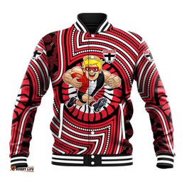 St Kilda Football Club Baseball Jacket Indigenous Monochrome Dot Art Mascot Style TS04