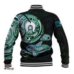 Whale and Dhari Torres Strait Islands Baseball Jacket Deep Green Oceanic Tribal Pattern Art TS04