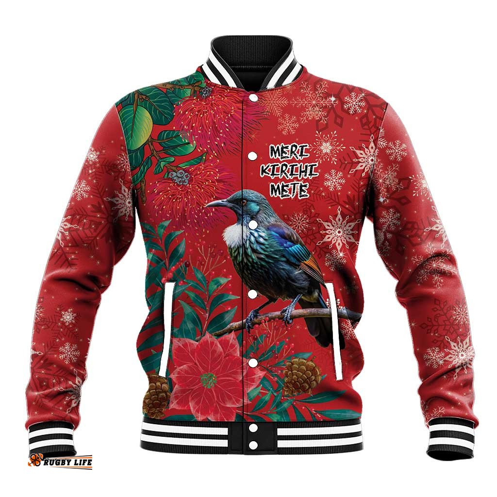 Tui Meri Kirihimete Personalised Baseball Jacket Pohutukawa Flowers Red Motif LT9