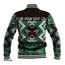Personalised Taniko Motifs Aotearoa Baseball Jacket Waitangi Kowhaiwhai Kiwi - Green LT7