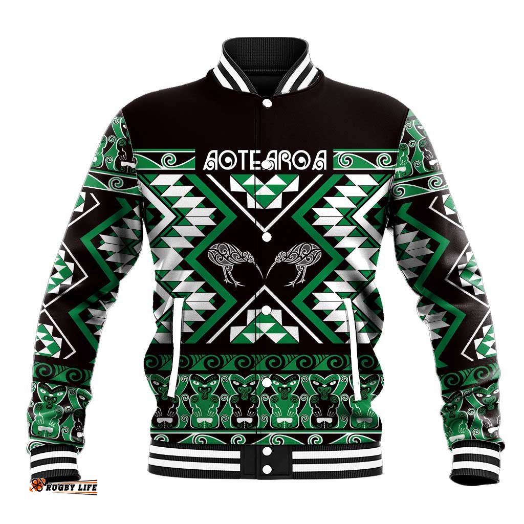 Personalised Taniko Motifs Aotearoa Baseball Jacket Waitangi Kowhaiwhai Kiwi - Green LT7