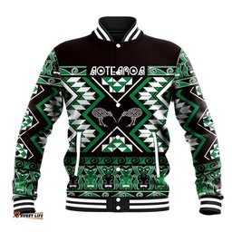 Personalised Taniko Motifs Aotearoa Baseball Jacket Waitangi Kowhaiwhai Kiwi - Green LT7