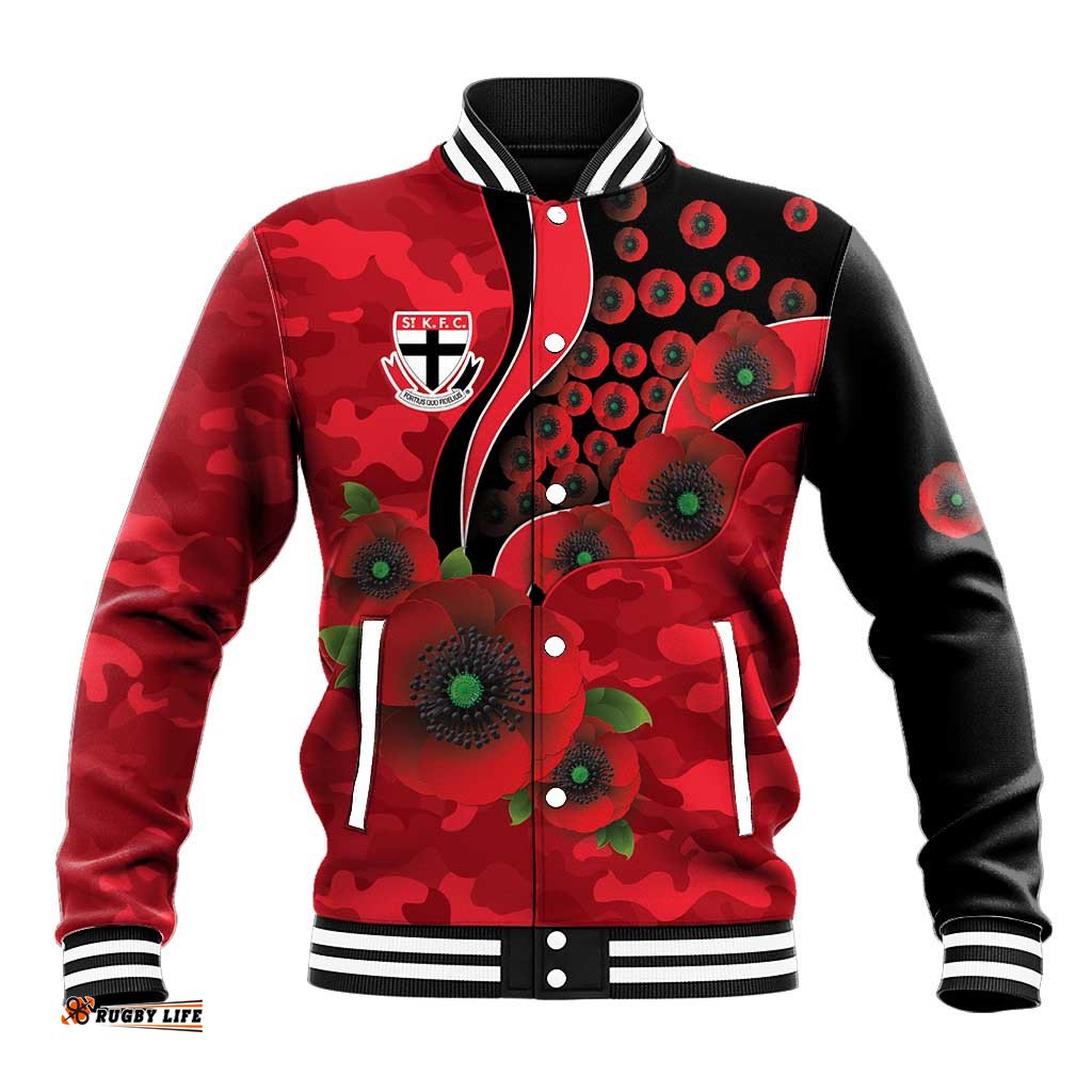 St Saints ANZAC Personalised Baseball Jacket Lest We Forget Poppy Camo LT9
