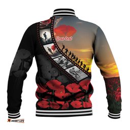 Personalised Remembering ANZAC Lest We Forget Baseball Jacket Vintage Film Frame Memorial Red Poppy LT9