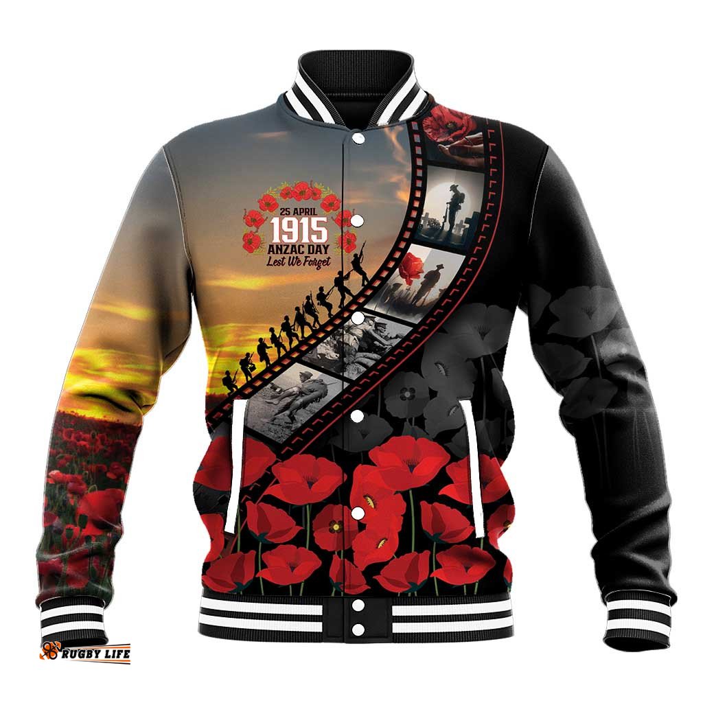 Personalised Remembering ANZAC Lest We Forget Baseball Jacket Vintage Film Frame Memorial Red Poppy LT9