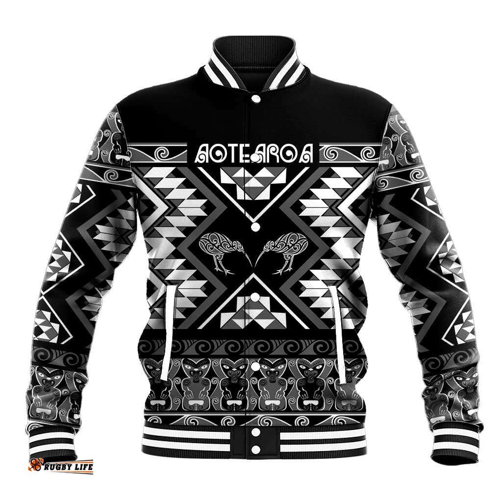 Personalised Taniko Motifs Aotearoa Baseball Jacket Waitangi Kowhaiwhai Kiwi - Monochrome LT7