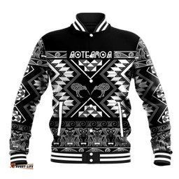Personalised Taniko Motifs Aotearoa Baseball Jacket Waitangi Kowhaiwhai Kiwi - Monochrome LT7