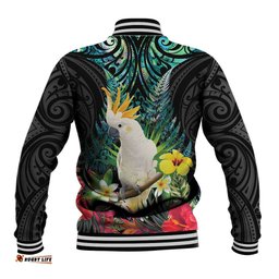 Sulphur-crested Cockatoo New Zealand Baseball Jacket Paua Shell Aotearoa Maori Tropical Flowers LT14