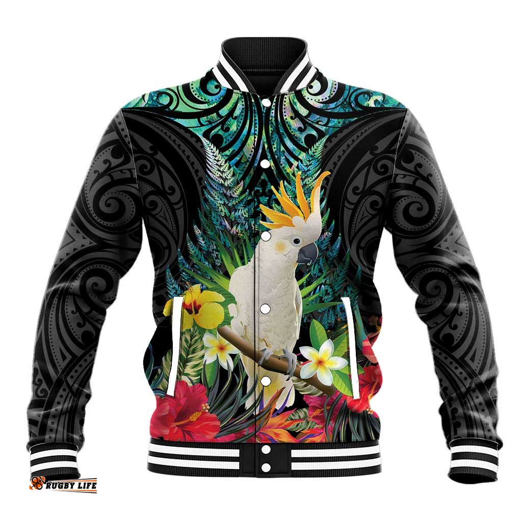 Sulphur-crested Cockatoo New Zealand Baseball Jacket Paua Shell Aotearoa Maori Tropical Flowers LT14