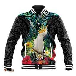 Sulphur-crested Cockatoo New Zealand Baseball Jacket Paua Shell Aotearoa Maori Tropical Flowers LT14